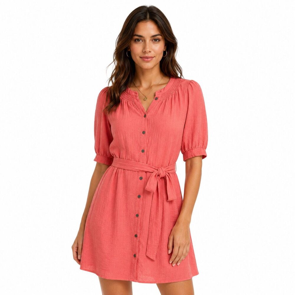 Boden Dress Womens 6 Pink Short Sleeve Henley Shirt Belted Short Cotton Summer